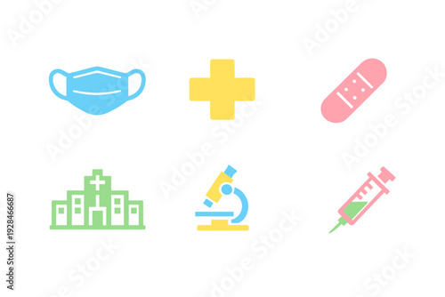 A collection of six colorful medical icons on a black background, including a surgical mask, a cross, a bandage, a hospital building, a microscope, and a syringe for healthcare.