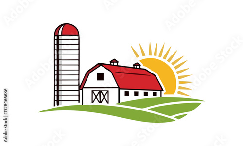 Illustration of a farm with barn, silo, fields, and sunrise