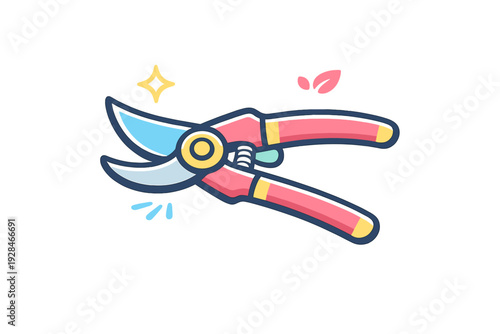 This colorful flat illustration features garden pruning shears with pink handles and blue blades, accompanied by a yellow sparkle and small pink leaves on a black background.