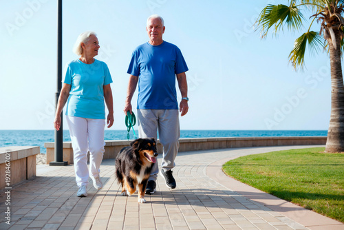 Senior Caucasian woman and senior Caucasian man walking dog along seaside promenade, both smiling and looking at each other, palm tree and ocean visible in background, casual outdoor activity