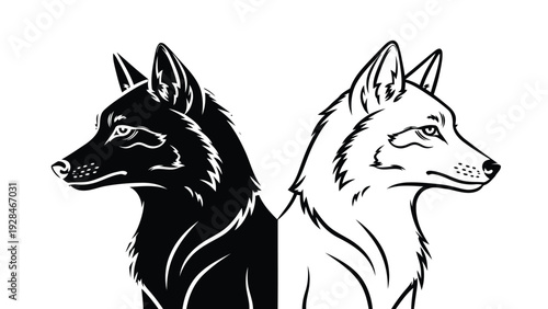 Contrasting portraits of a wolf and a fox in monochrome artistic style Vector