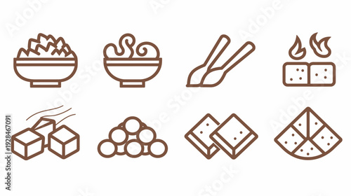 Eight various brown line icons of food items and cooking utensils on a white background