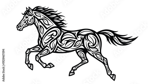 Elegant black and white line drawing of a galloping horse with intricate anatomical details Vector