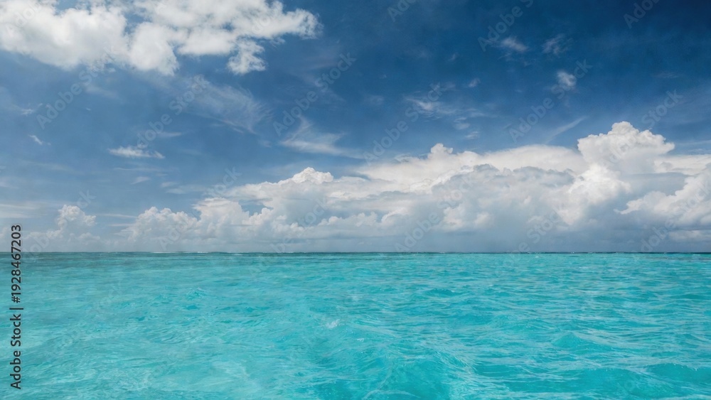 Obraz premium Turquoise sea gentle waves beneath dramatic cloudy sky.