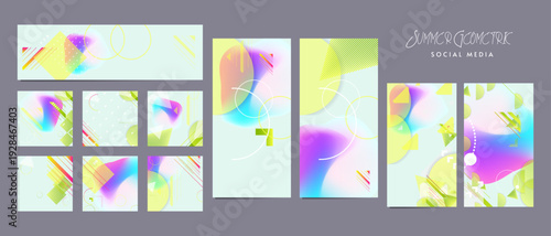 New Set pastel juicy summer abstract fluid creative banner, trendy colors with geometric elements, lines and dots