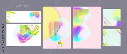 New Set pastel juicy summer abstract fluid creative banner, trendy colors with geometric elements, lines and dots