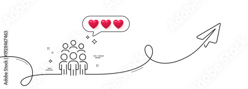Group people line icon. Continuous line with share plane. Business conference sign. Team meeting symbol. Hearts rate review in speech bubble. Group people single line ribbon. Vector
