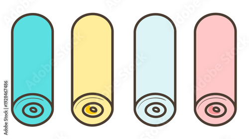 Four stylized, cylindrical objects in pastel colors with circular, detailed end