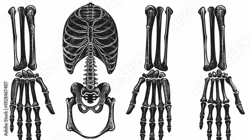 Artistic black and white illustration of the human skeletal system, showcasing various bone structures