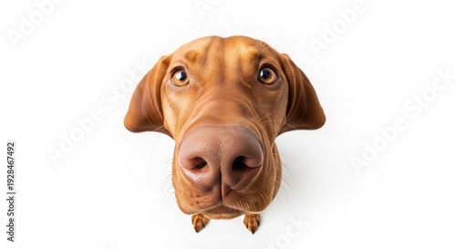 A curious dog peers directly upward with wide eyes and a noticeable whisker on its snout standard scale.