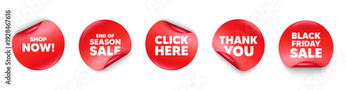 Shop now sticker tag. Season sale, Black friday paper price banners. Shop now tag. Special offer sign. Retail Advertising symbol. Thank you sticker. Vector