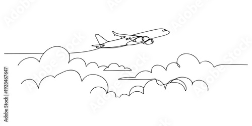 A continuous single line drawing of an airplane flying above the clouds, line art style illustration.