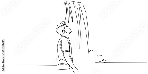 A continuous single line drawing of a person enjoying a waterfall, line art style illustration.