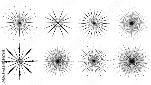 Abstract geometric patterns of radiating lines and symmetrical shapes in black and white Vector