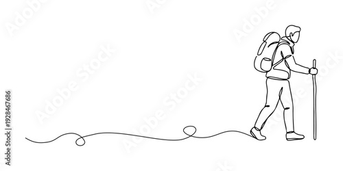 A continuous single line drawing of an adventurer with a stick in his hand, line art style illustration.