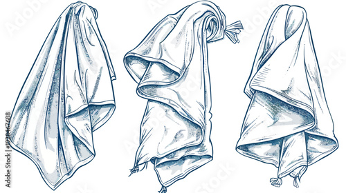 Three hand-drawn, watercolor-style sketches of white towels in different draping poses