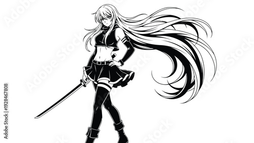 Mysterious warrior with long silver hair and sword in hand against a plain background Vector
