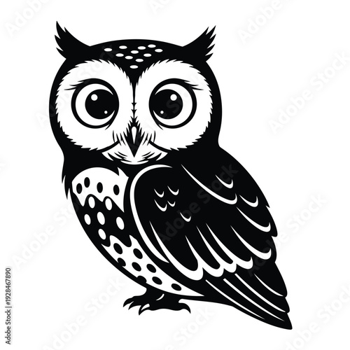 A striking black and white illustration of an owl perched gracefully. Vector