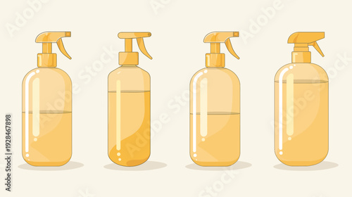Illustration of four identical yellow spray bottles, each partially filled with liquid, in different shapes