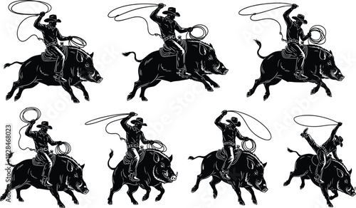 Cowboy riding wild boar silhouettes, western lasso action, dynamic poses, rodeo style illustration