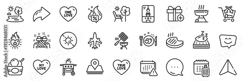 One love, Grilled steak and Gas grill line icons pack. Share, Message, Paper plane icons. Smile face, No sun, Mattress web icon. Notification, Grill, Gift pictogram. Vector