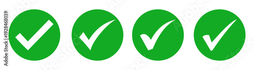 Check mark line icon collection. Includes four different white check marks inside green circles. Created in flat style with green and white color palette.