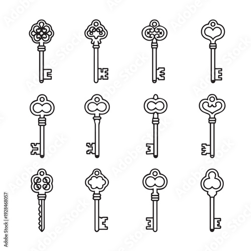 Collection of Vintage Skeleton Keys Icons and Symbols Ornate Victorian Style Isolated on White Background Graphic Design
