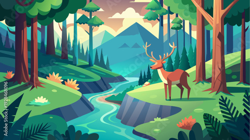 Colorful vector illustration of deer standing in forest landscape with river mountains and tall trees in serene natural scenery at sunset
