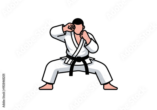 Karate fighter in white gi and black belt performing a defensive stance.
