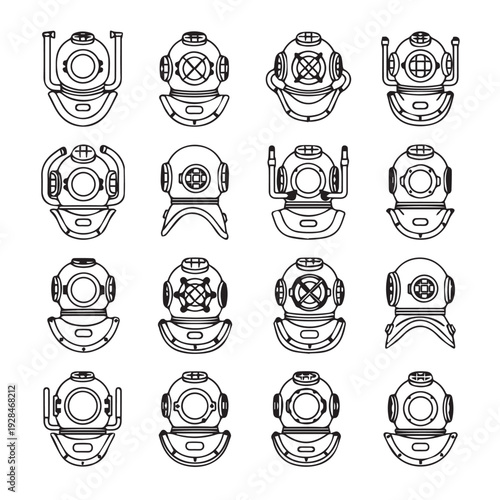 Collection of vintage diving helmets in line art style diverse designs stock illustration