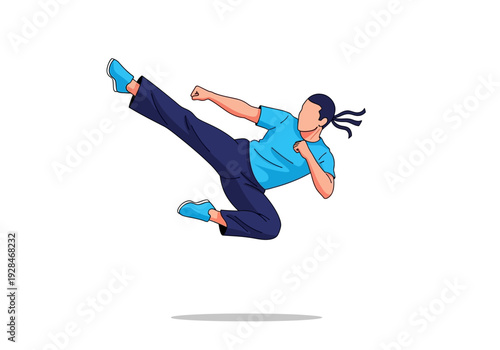 Martial artist performing a dynamic flying side kick in mid-air.