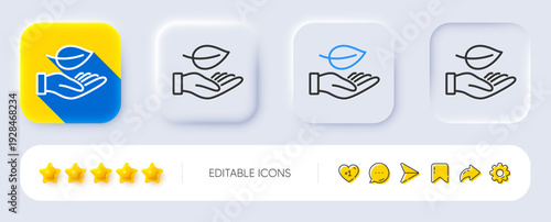 Leaf line icon. Neumorphic, Flat shadow, 3d buttons. Grow plant sign. Environmental care symbol. Line leaf icon. Social media icons. Vector