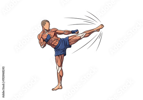 Anatomical illustration of a muscular man performing a Muay Thai side kick.