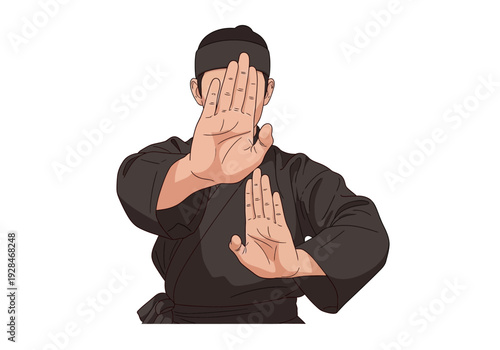 Martial Artist Demonstrating Defensive Stance with Open Palms.