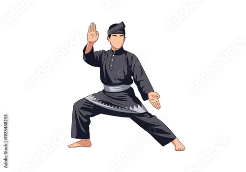 Man practicing martial arts in traditional attire.