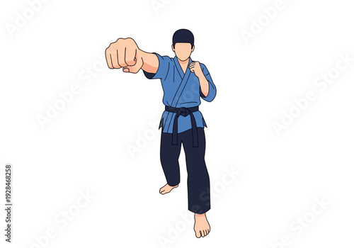Martial artist in blue uniform performing a powerful punch.