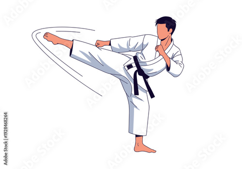 Karate practitioner executing a dynamic side kick in a white gi.