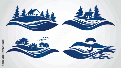 Four stylized illustrations depicting landscape scenes houses, trees, water, and hills in a blue-and-white palette