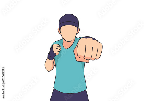 Man in fighting stance with fist extended forward.