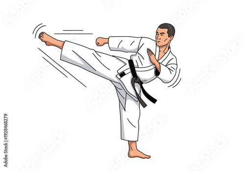 Karate practitioner in white gi executing a powerful side kick.