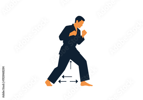 Martial Artist in Fighting Stance Demonstrating Movement Arrows.
