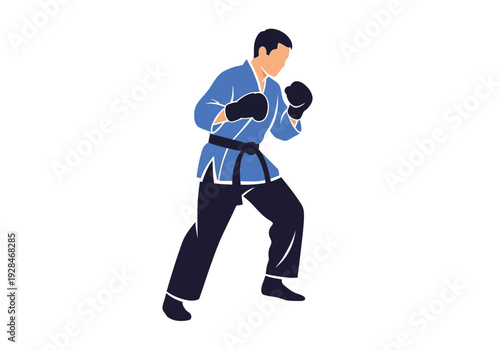 Martial Artist in Blue Uniform and Black Gloves Ready to Fight.