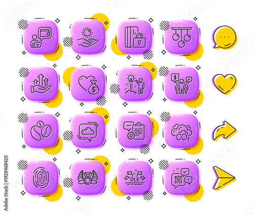 Teamwork, Cloud communication and Fingerprint line icons. App 3d buttons. Social media comment, share, like icons. Pack of Ole chant, Ceiling lamp, Creative idea icon. Vector