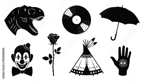 Symbolic icons representing vintage, nature, and human creativity in a minimalist style Vector