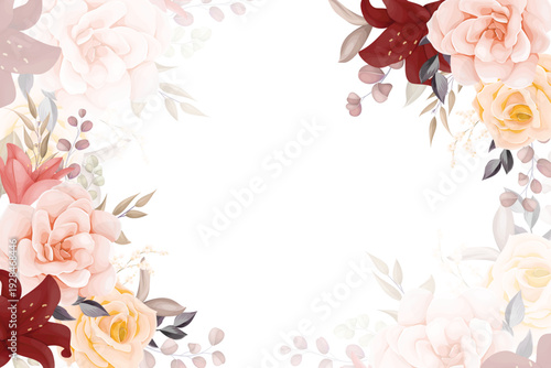 Elegant Watercolor Floral Background with Peach and Burgundy Blooms Flowers
