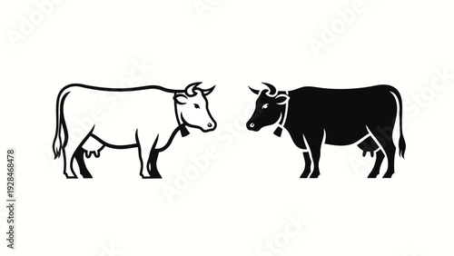 Contrast between a white and a black cow standing side by side in silhouette Vector
