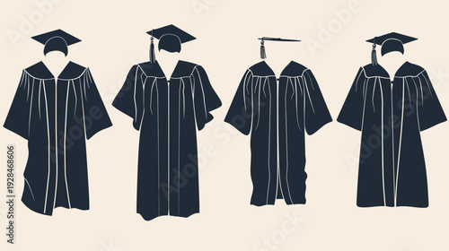Illustration of four graduation gowns and mortarboards in dark blue against a cream background