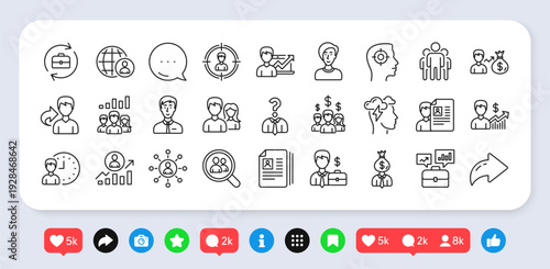 Human Resources, head hunting line icons. Social media: share, comment, like icons. Job Interview, Business networking contract and Head Hunting contract icons. Vector