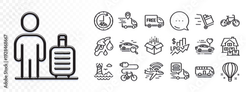 Electric bike, Bus tour and Petrol station line icons for web app. Glare of light effect. Message icon. Pack of Bicycle, Baggage, Home moving pictogram icons. Vector