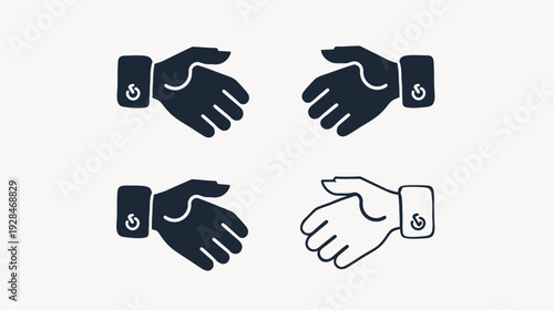 Illustration of four hands interacting, two dark and one light. Stylized. Handshake concept